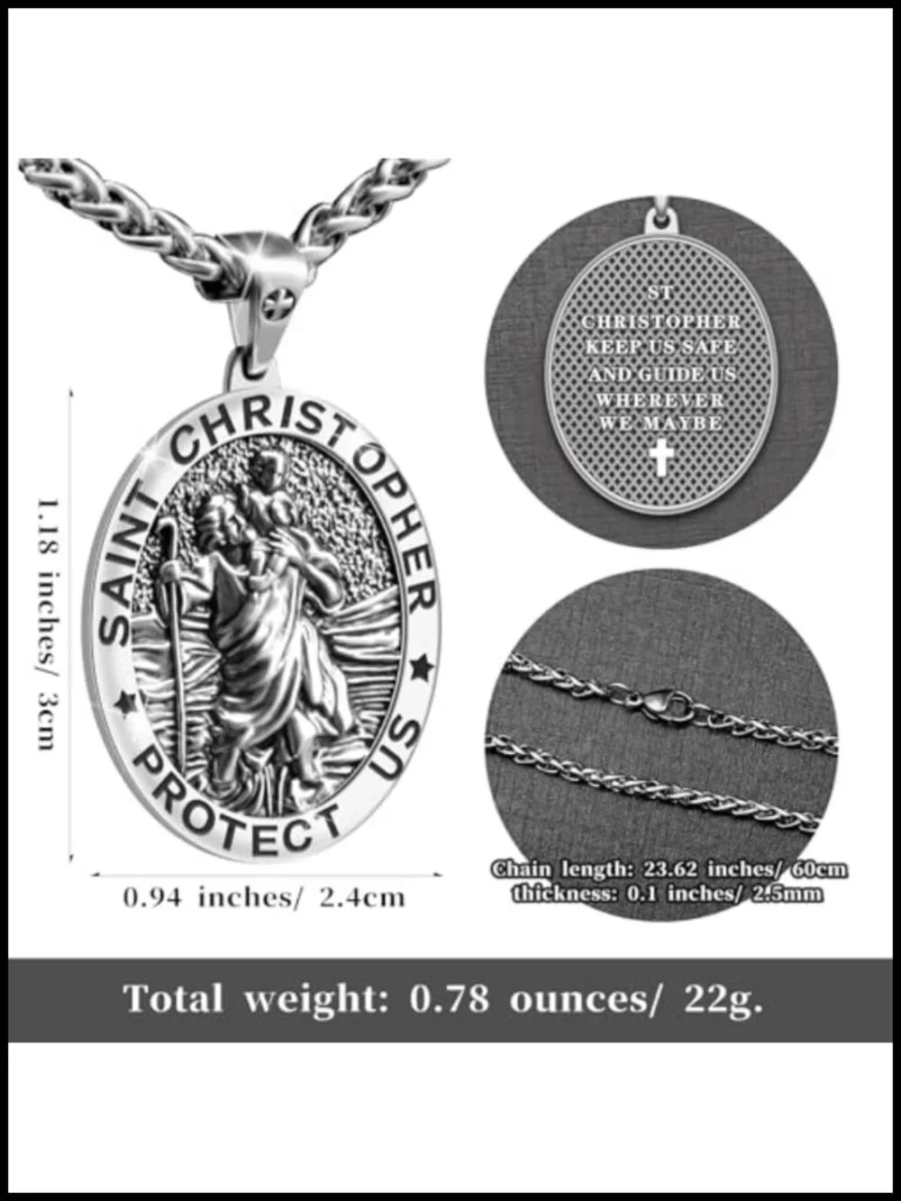 Saint Christopher Necklace Medal Stainless Steel Chain Religious Pendant